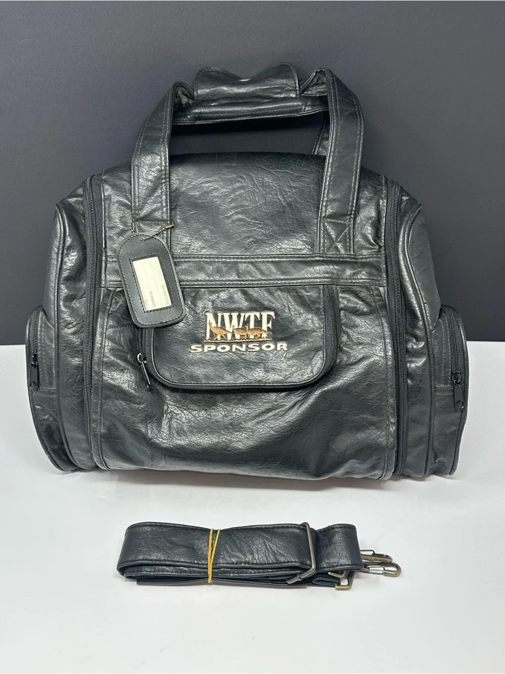 Vintage National Wild Turkey Federation Sponser Duffel Bag Black Leather Rare!!